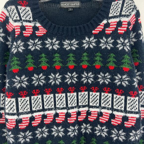 Almost Famous MEDIUM Navy Blue Ugly Christmas Tree Tinsel Knit Sweater - Picture 3 of 8